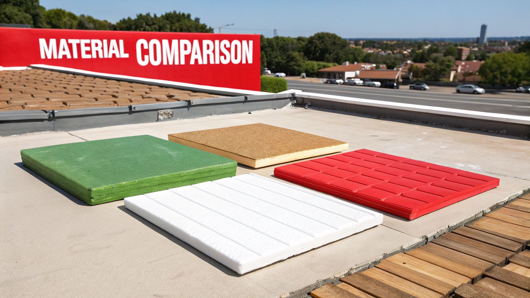 Four colorful insulation material samples (green, brown, white, red) displayed outdoors for comparison.