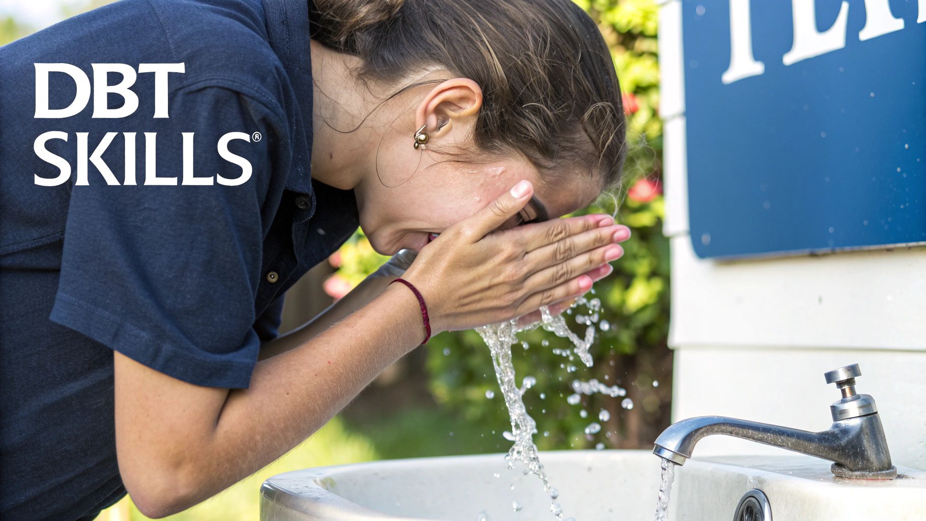 A person splashes water on their face, applying a DBT skill for emotional regulation.