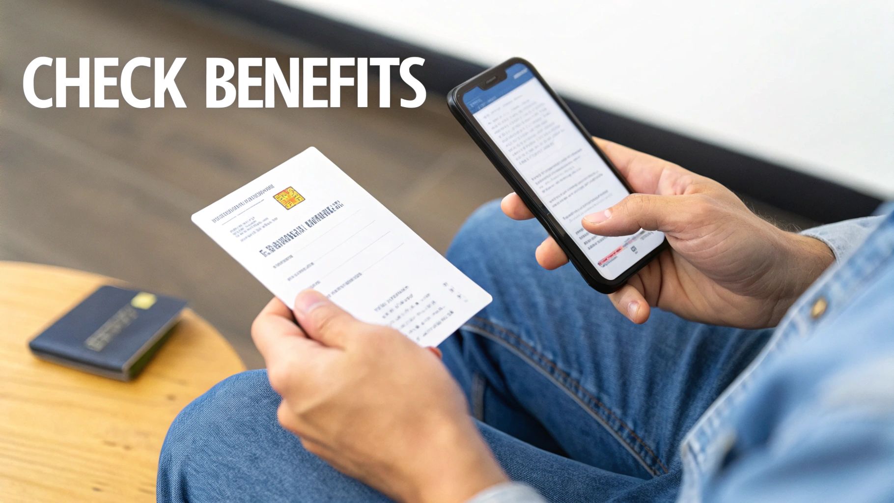 Person holding health insurance card and smartphone to check medical benefits coverage online