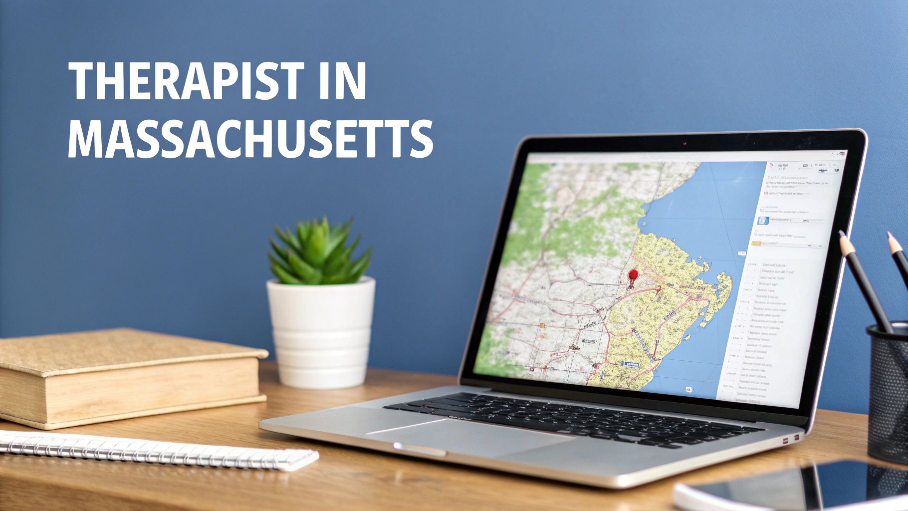 A laptop on a desk showing a map of Massachusetts with a location pin, beside text 'THERAPIST IN MASSACHUSETTS'.