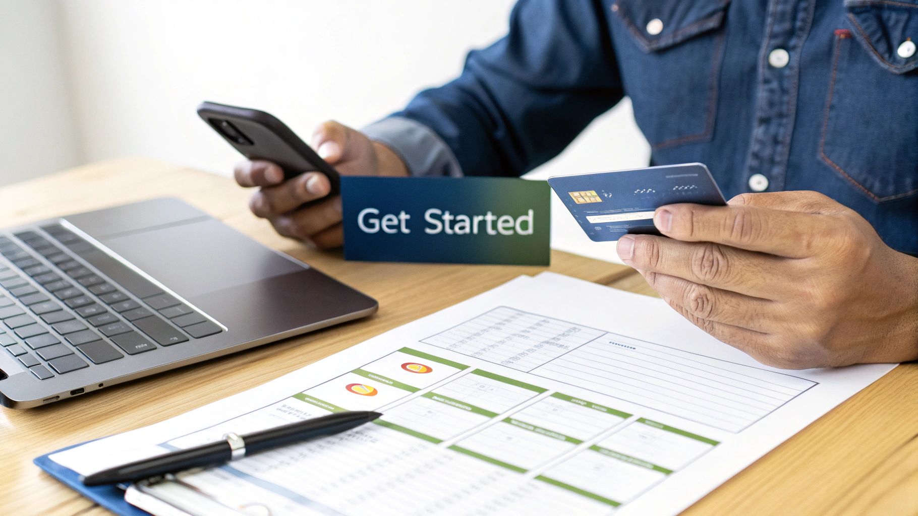 Person holding a smartphone and credit card, ready to "Get Started" with online transactions.