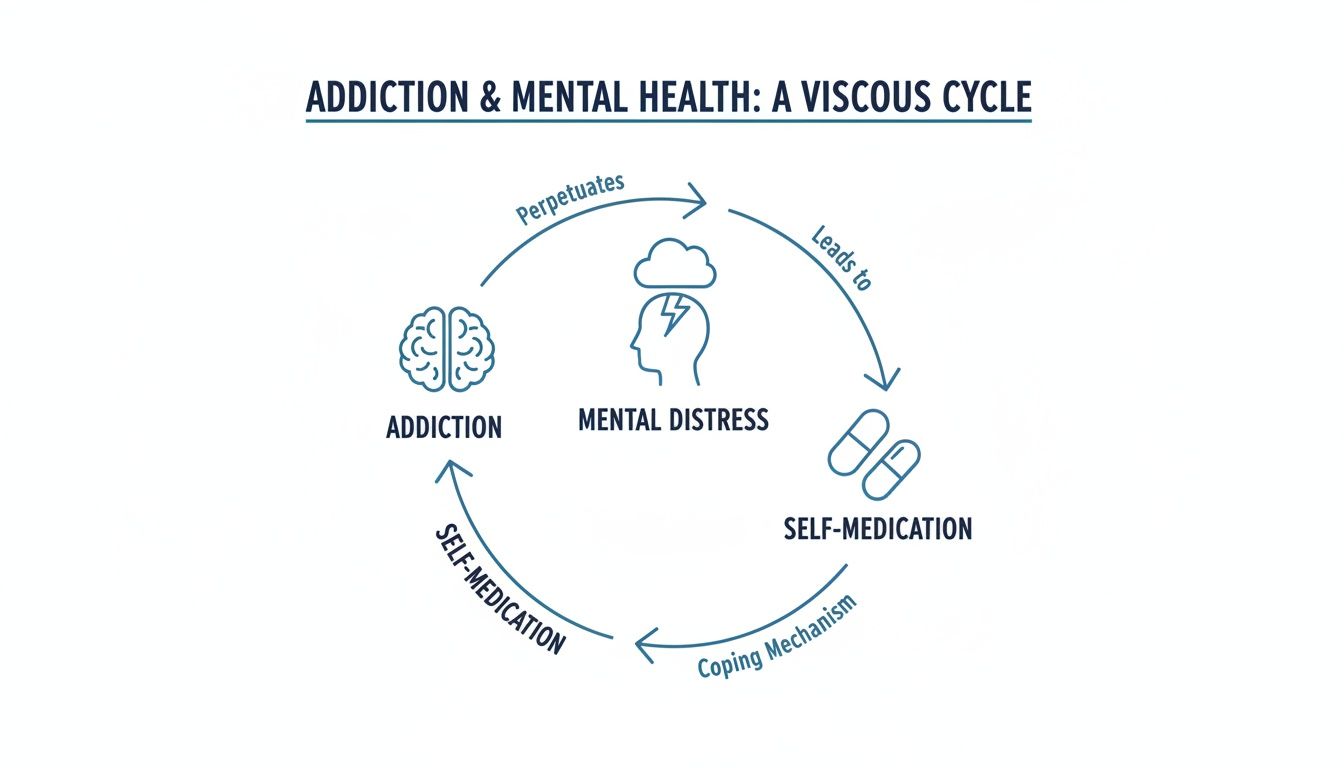 Diagram illustrating the vicious cycle of addiction, mental distress, and self-medication.