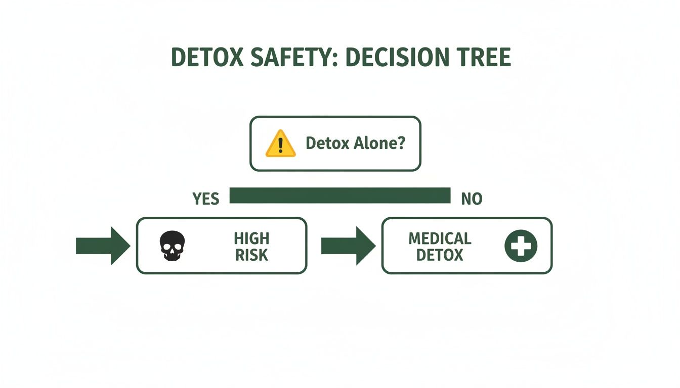 A detox safety decision tree graphic indicating detoxing alone is high risk, while medical detox is recommended.