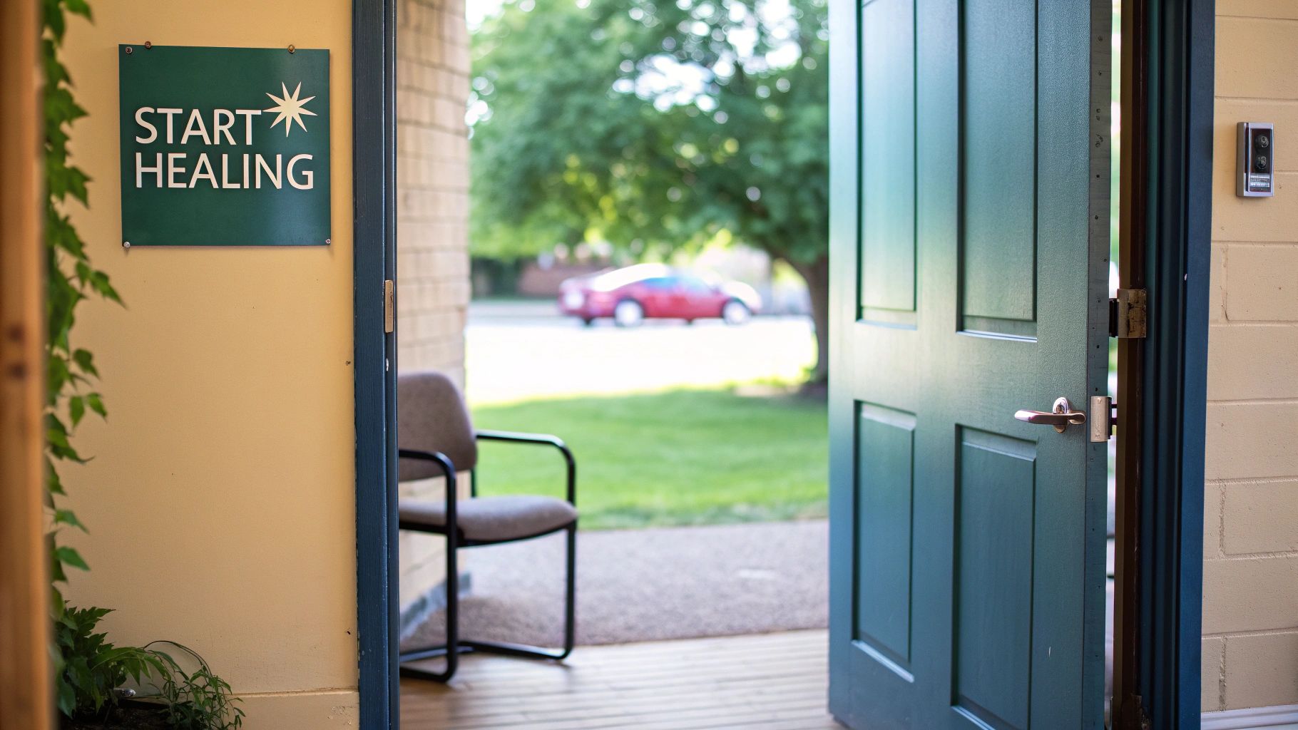 A green 'START HEALING' sign inside an open door looking out to a car and trees.