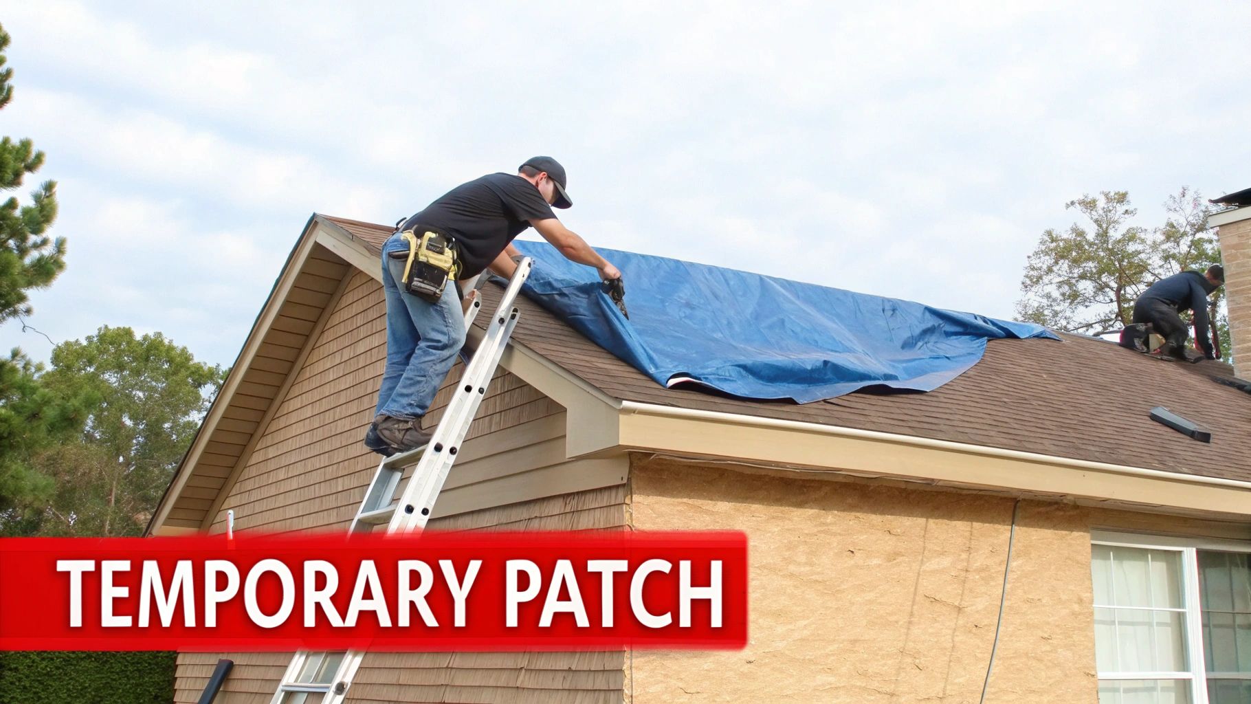 Two workers apply a blue tarp as a temporary patch on a house roof.