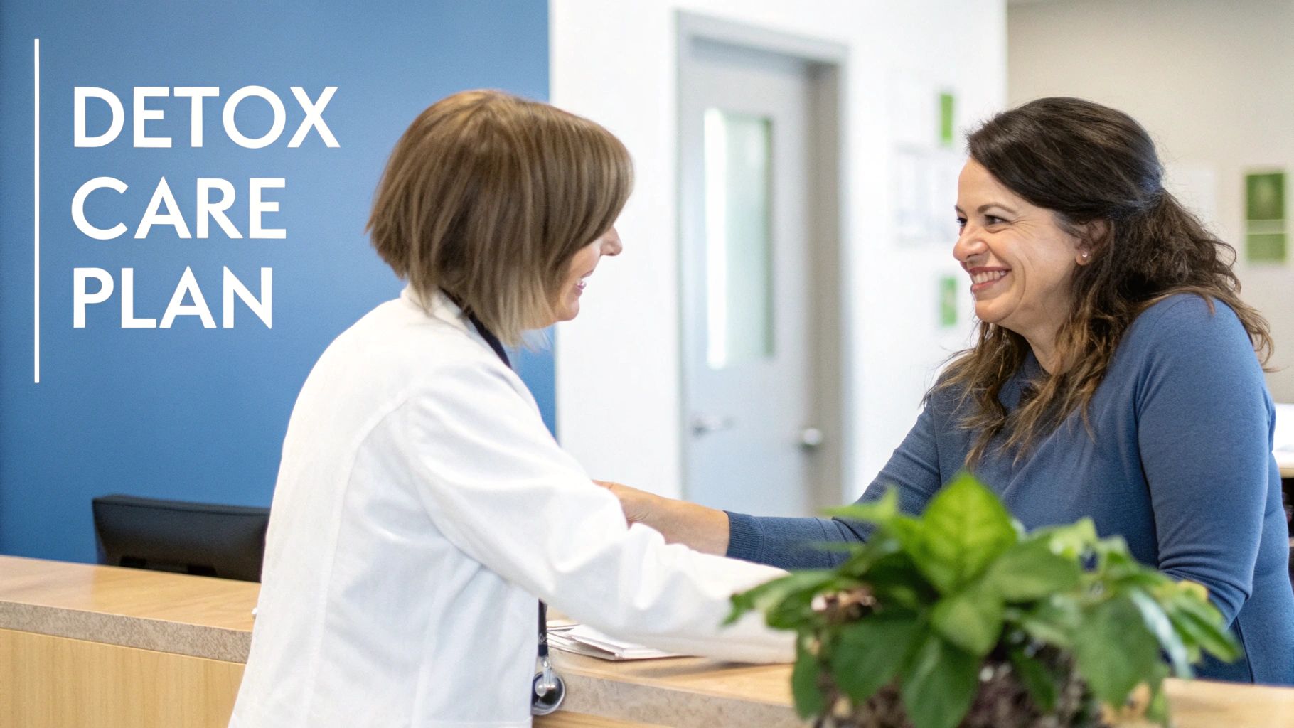 A compassionate medical professional talking to a patient in a calm setting.