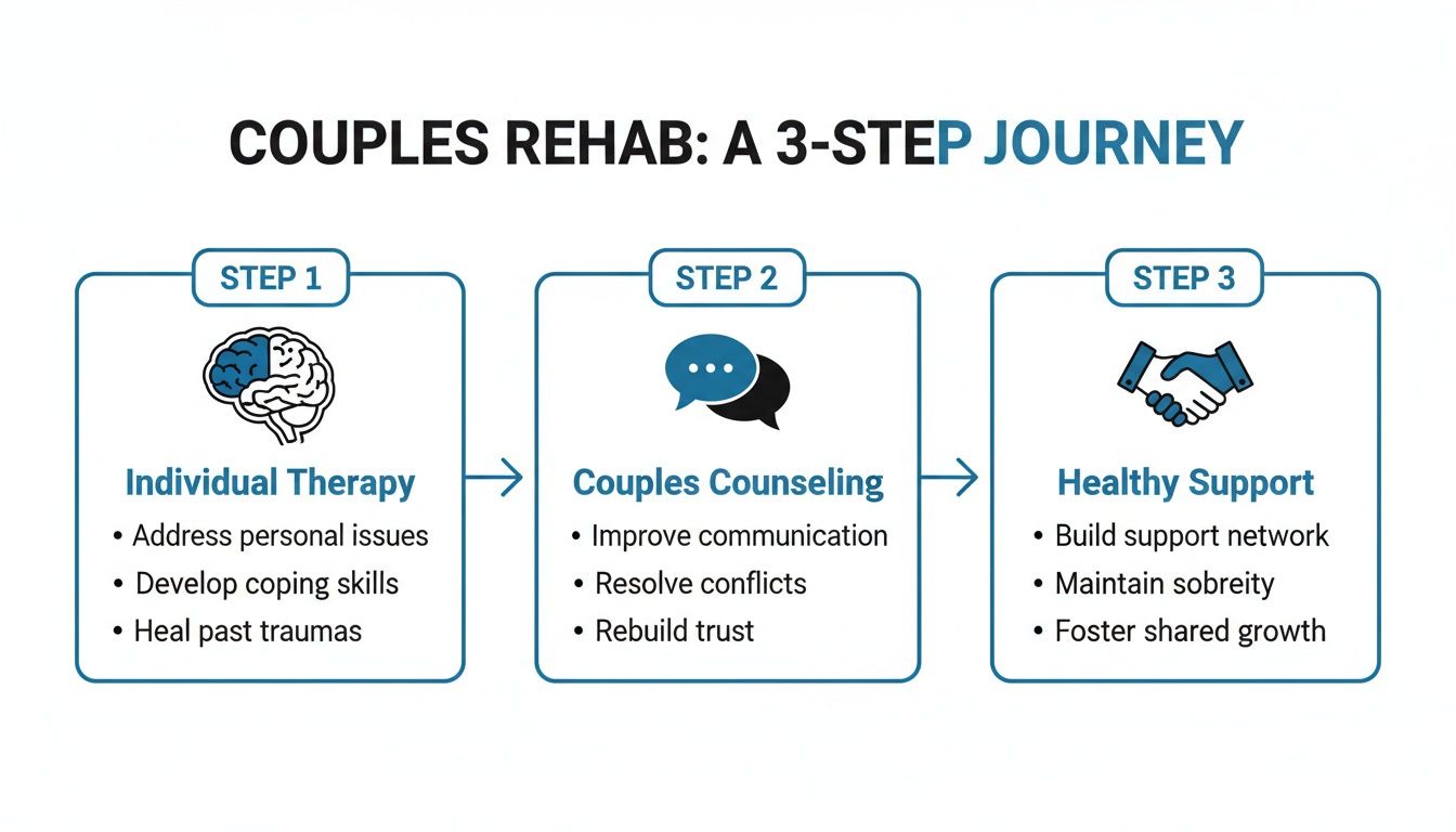 Infographic detailing a 3-step couples rehab journey: individual therapy, couples counseling, and healthy support.