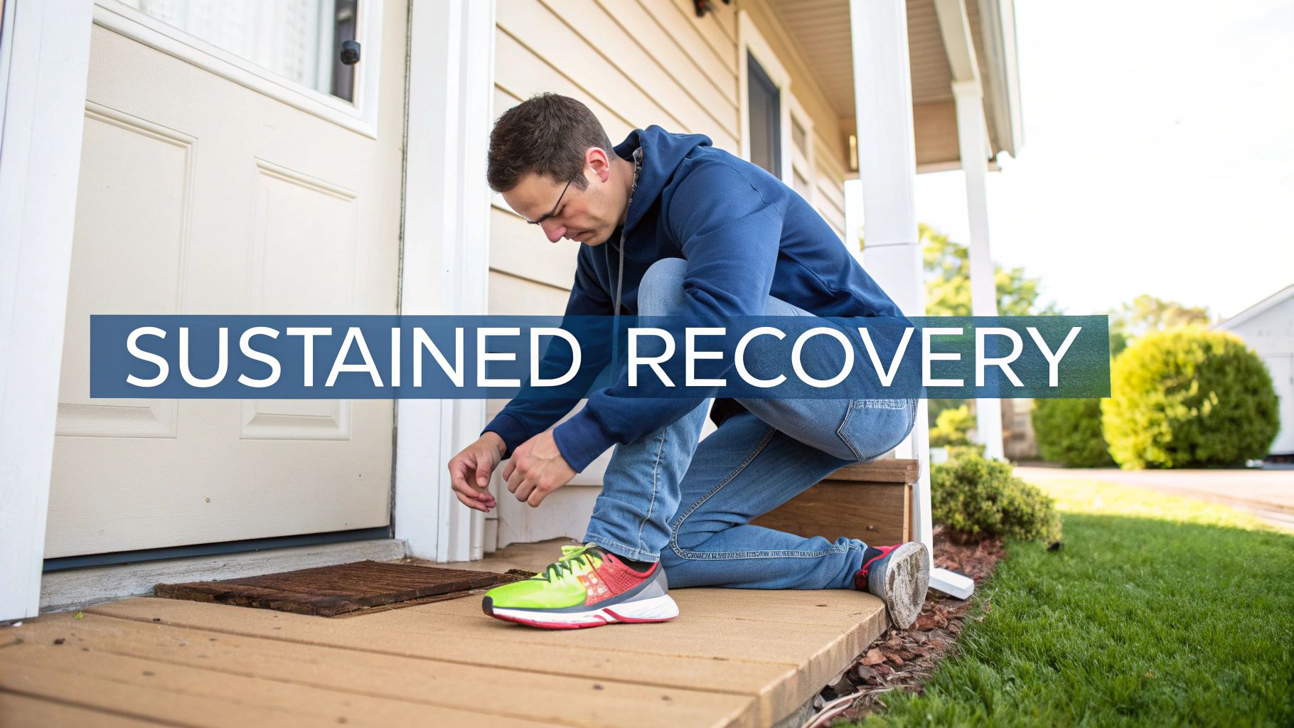 A person tying their running shoes on a porch, symbolizing preparation for a long-term recovery journey.