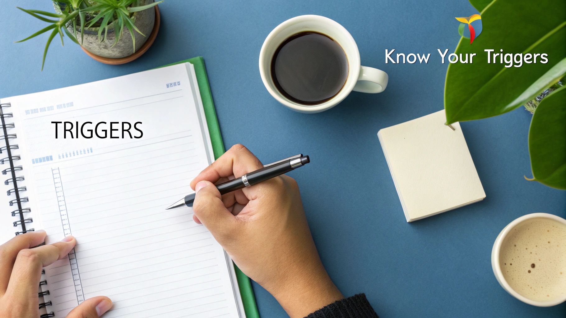 A person writes 'TRIGGERS' in a notebook, next to coffee, a plant, and 'Know Your Triggers' text.