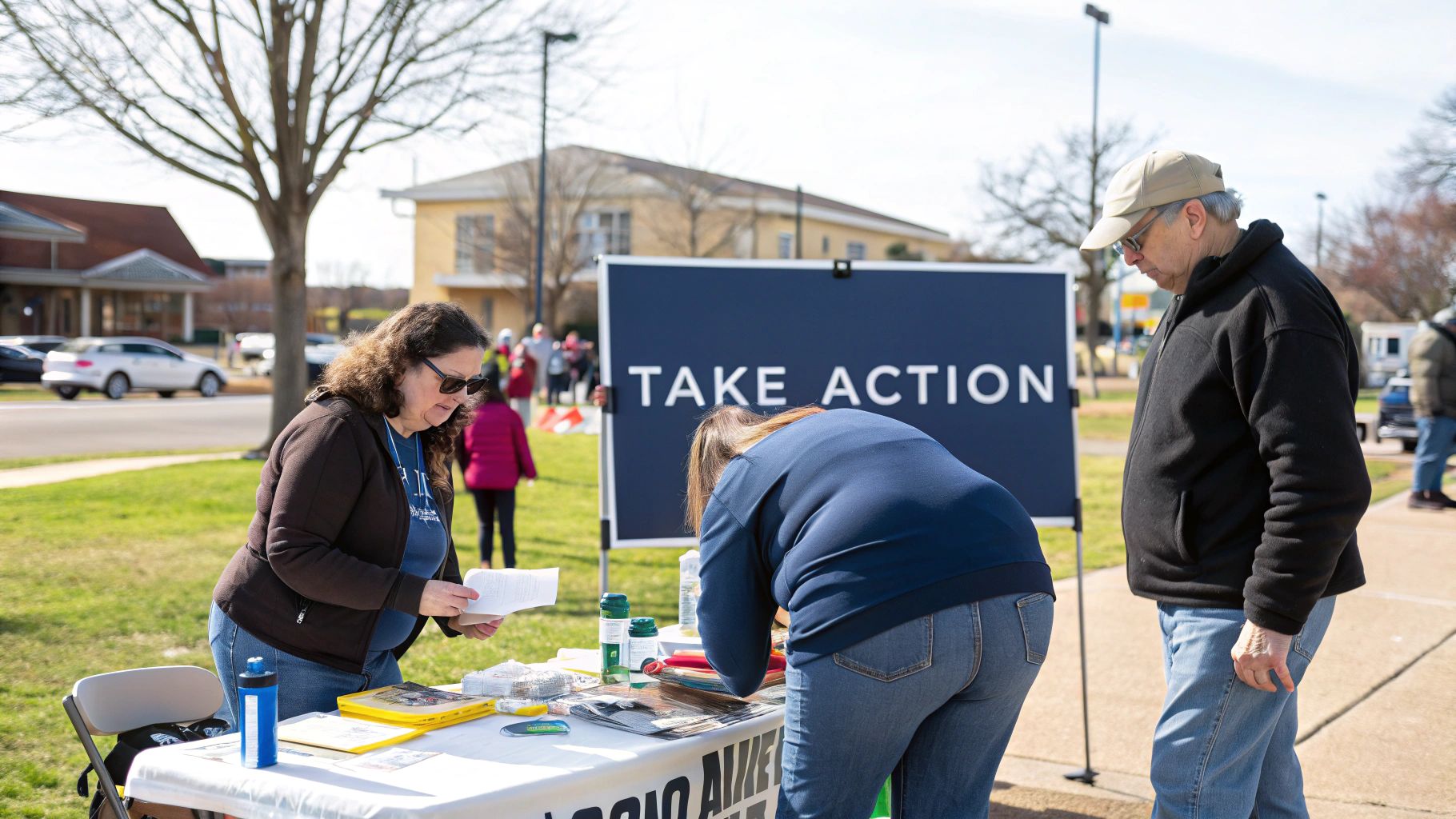 People gather at an outdoor information booth with a 'TAKE ACTION' sign, engaging with materials.