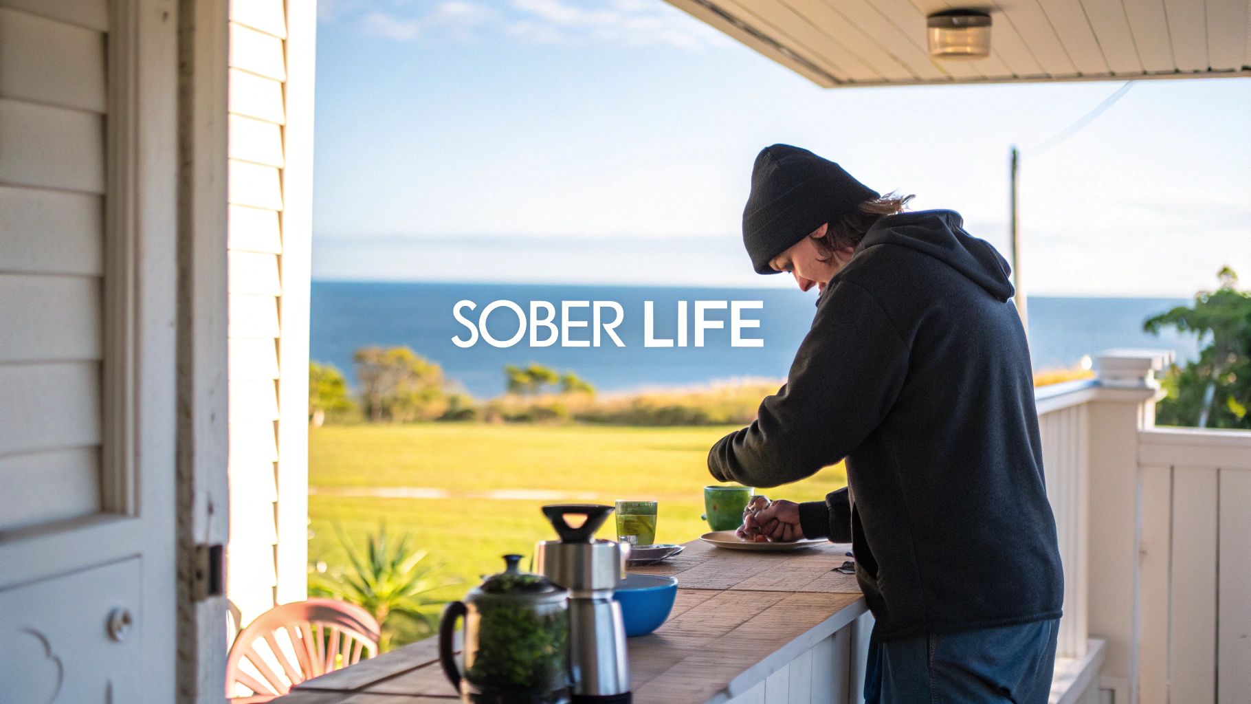 A person in a beanie and hoodie prepares a meal on a porch overlooking the ocean, with 'Sober Life' text.