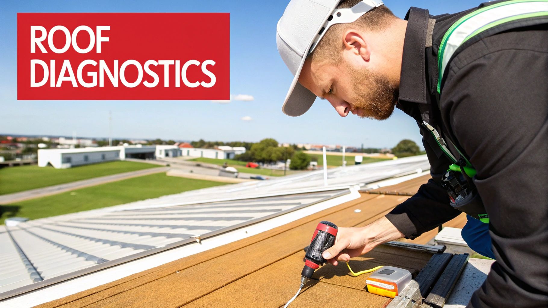 An inspector taking detailed notes on a clipboard while examining a commercial roof.