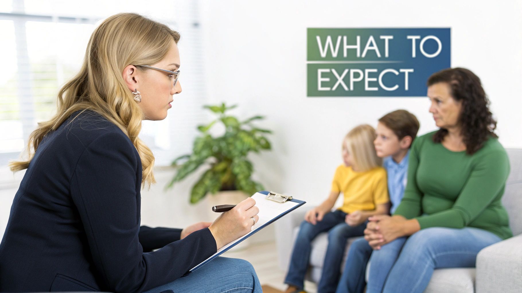 A female therapist takes notes on a clipboard during a family counseling session with a mother and two children.