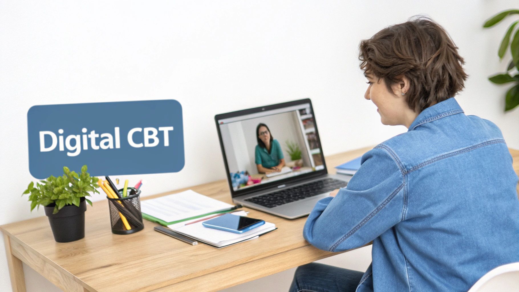 A person using a laptop and a smartphone for a therapy session, showing the accessibility of digital CBT.