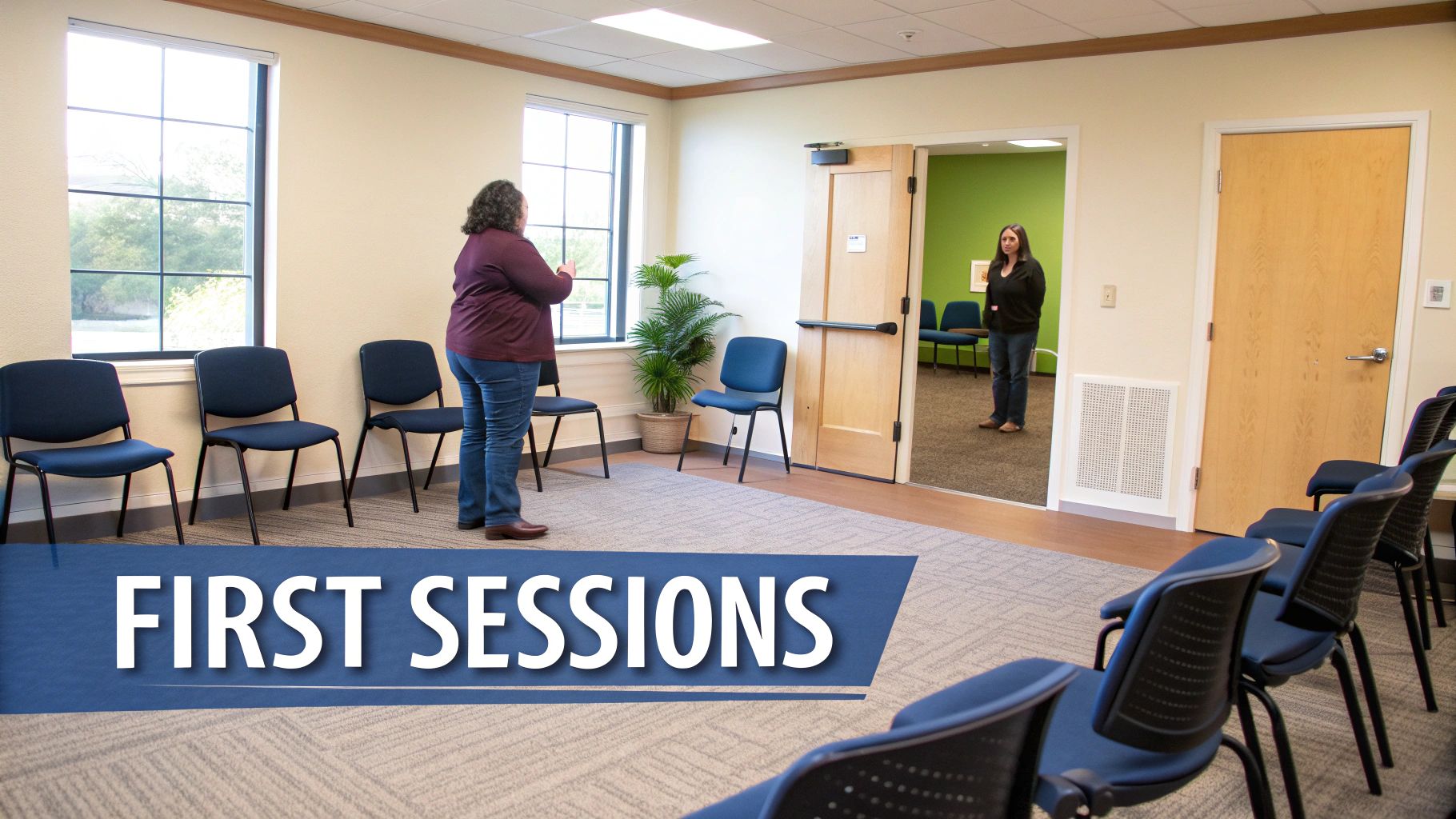 Two women in a modern therapy or waiting room with blue chairs and a plant.