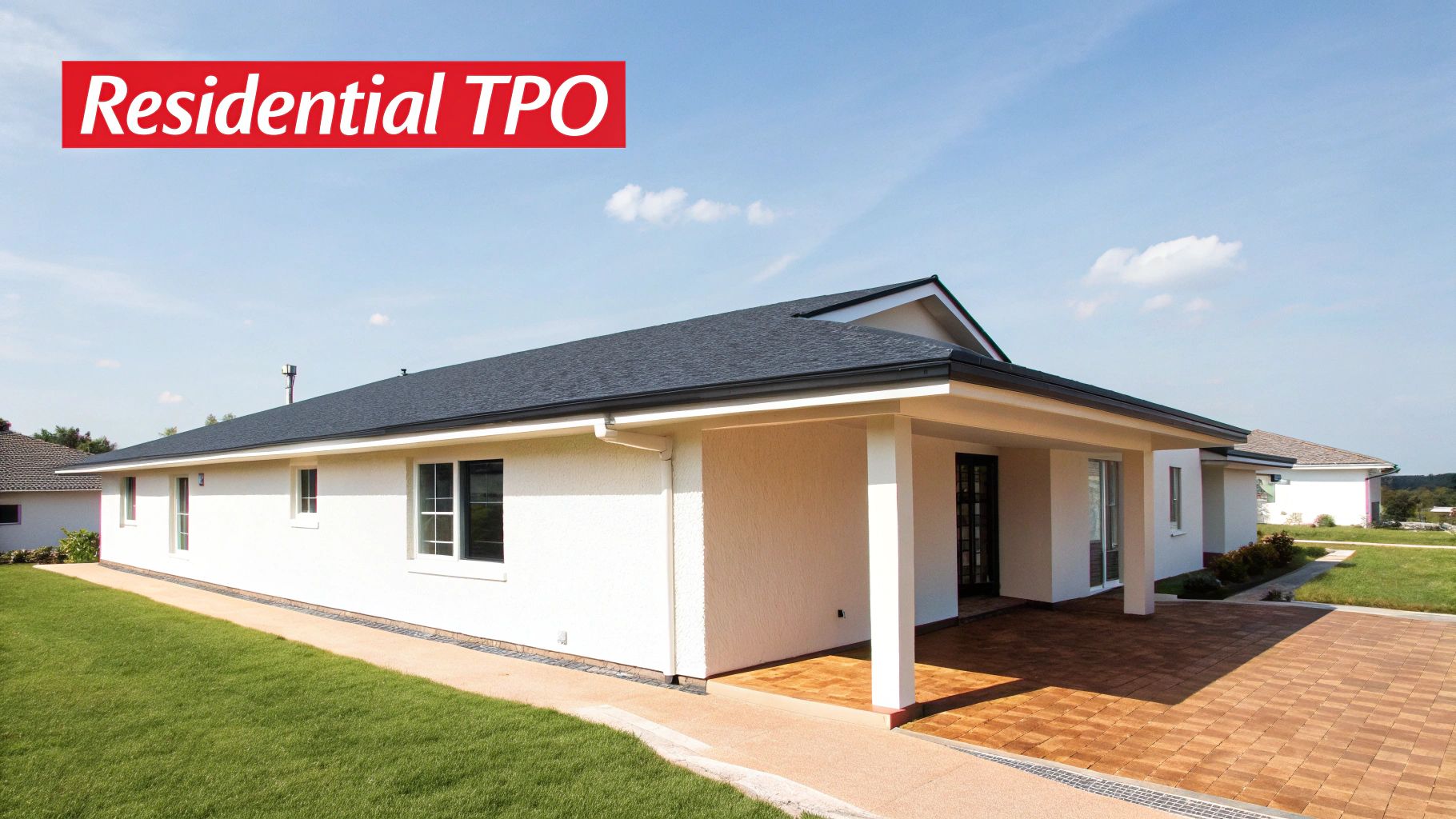 Modern home with a clean, white residential TPO roofing system under a clear blue sky.