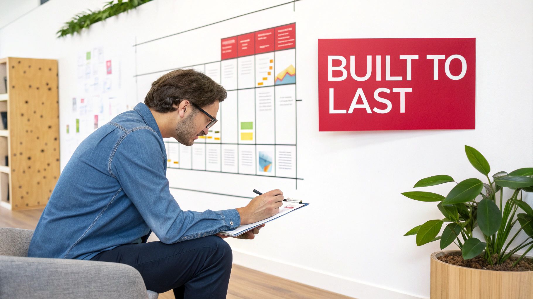 A man in glasses writes on a clipboard in a modern office with a 'BUILT TO LAST' sign and a wall chart.