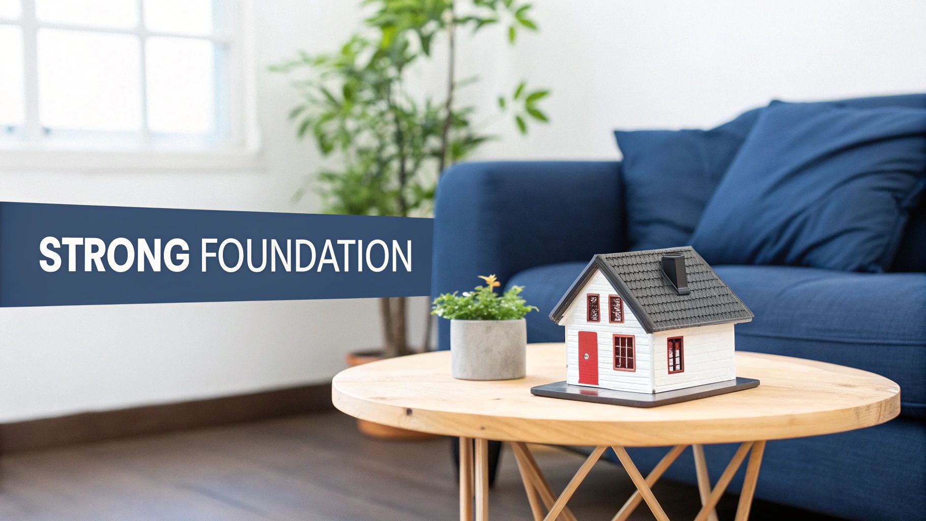 A miniature house model and a potted plant on a coffee table with a blue banner displaying 'STRONG FOUNDATION'.