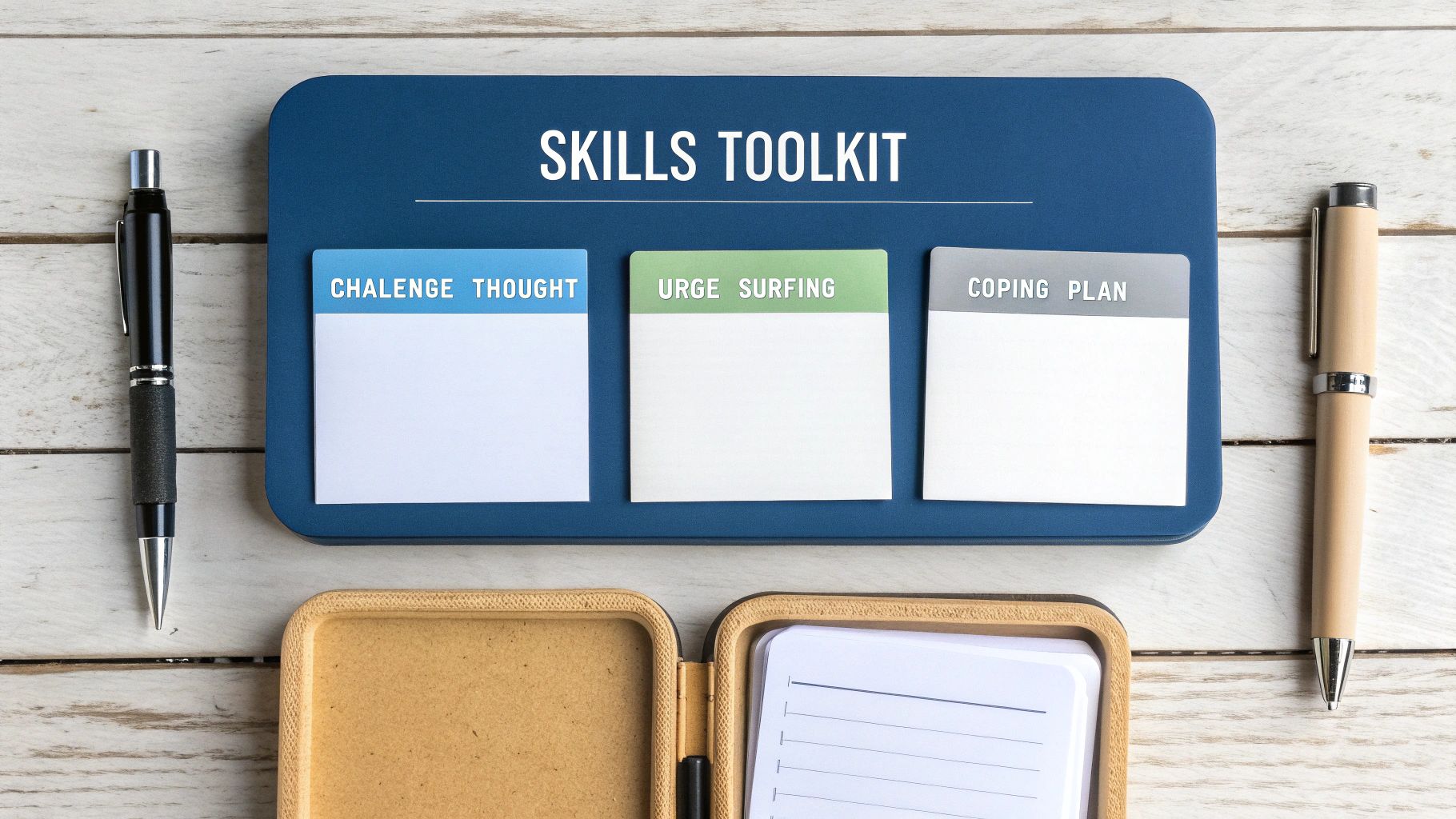 A close-up of a person's hands placing illustrated cards with labels like 'Challenge Thought', 'Urge Surfing', and 'Coping Plan' on a wooden surface.