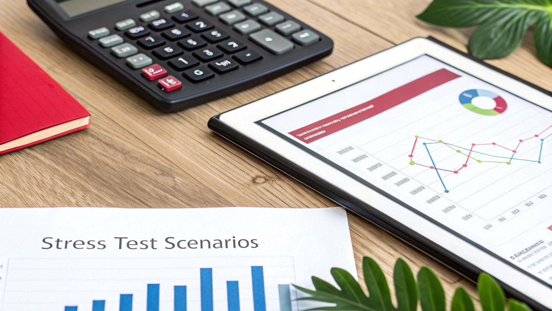 Financial planning tools on a wooden desk, including a calculator, tablet with charts, and a 'Stress Test Scenarios' document.