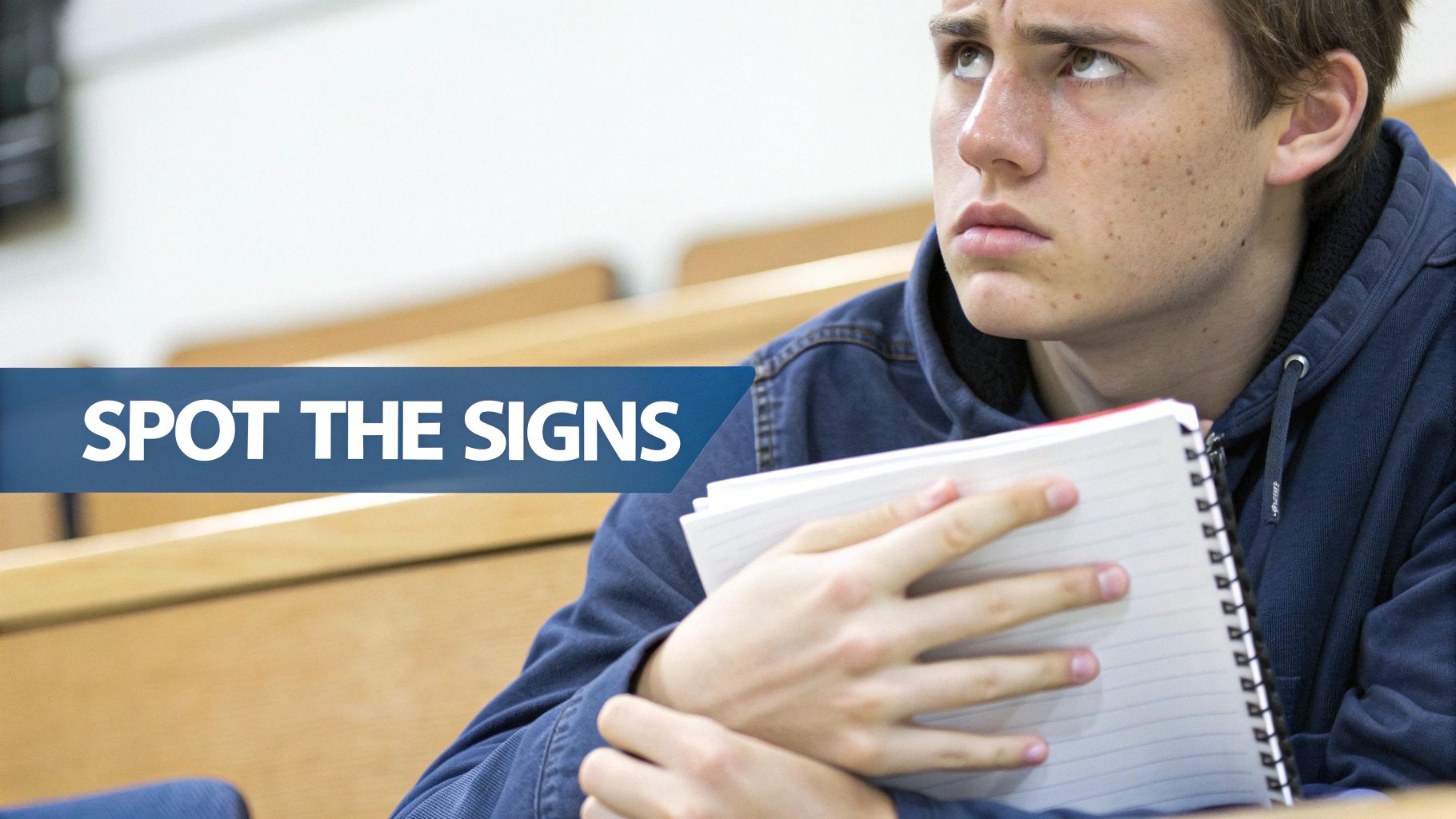 A young male college student with freckles looks up with a worried expression, holding a notebook.