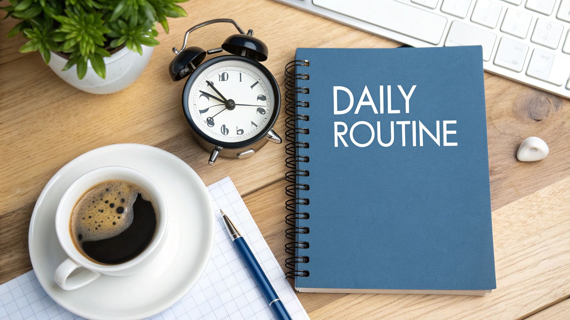 A person's hands writing a daily schedule in a planner with a cup of coffee nearby, representing structure and organization.