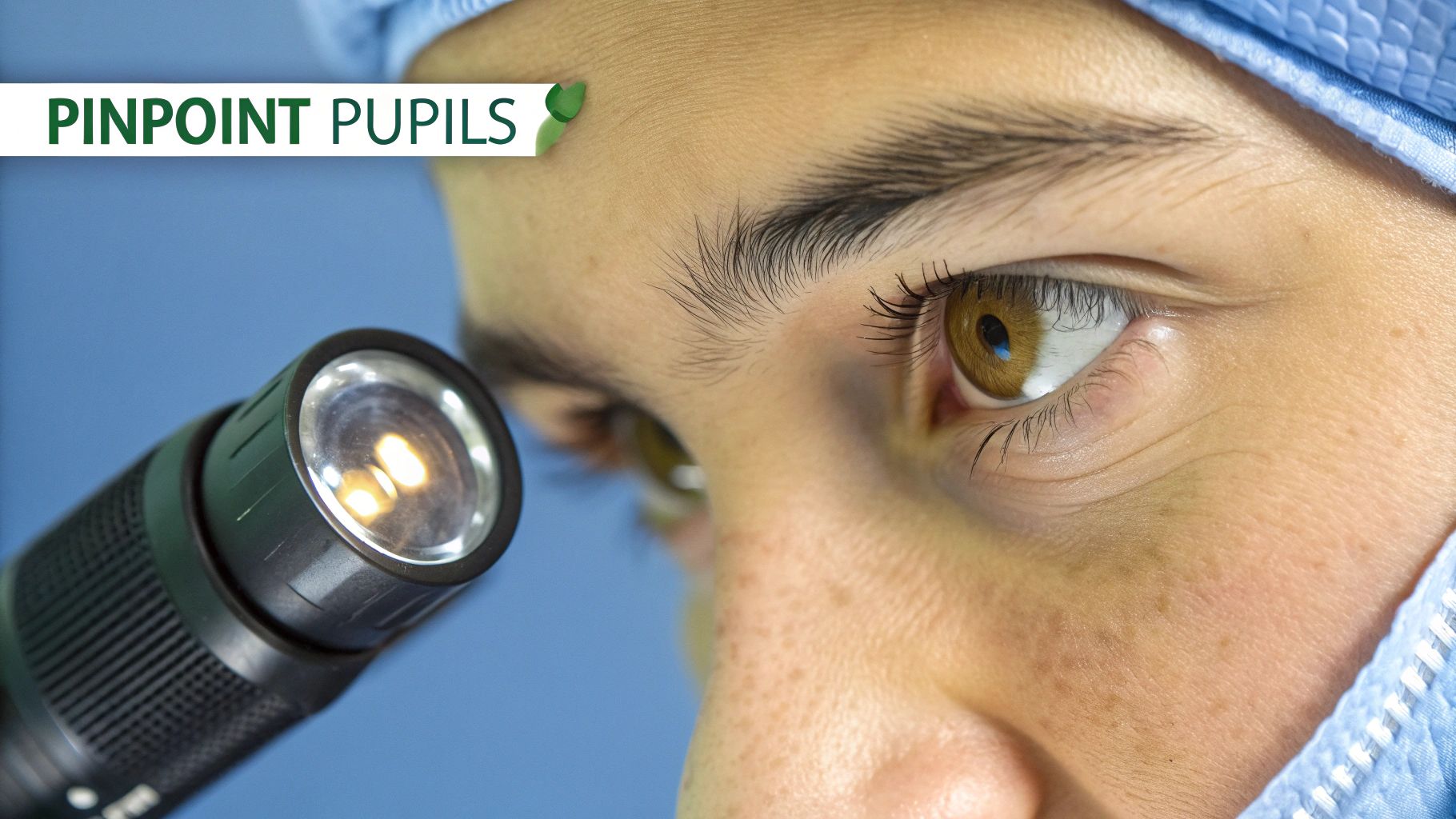 An image comparing a normal-sized pupil with a pinpoint pupil, illustrating the effect of opioid overdose.