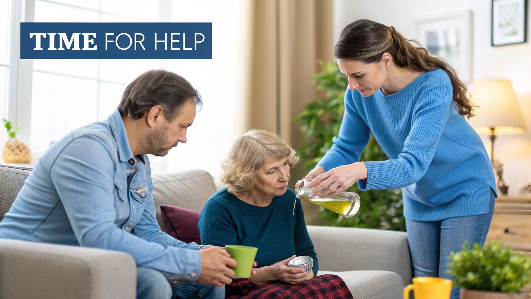 A concerned family member talking to a loved one in a supportive way.