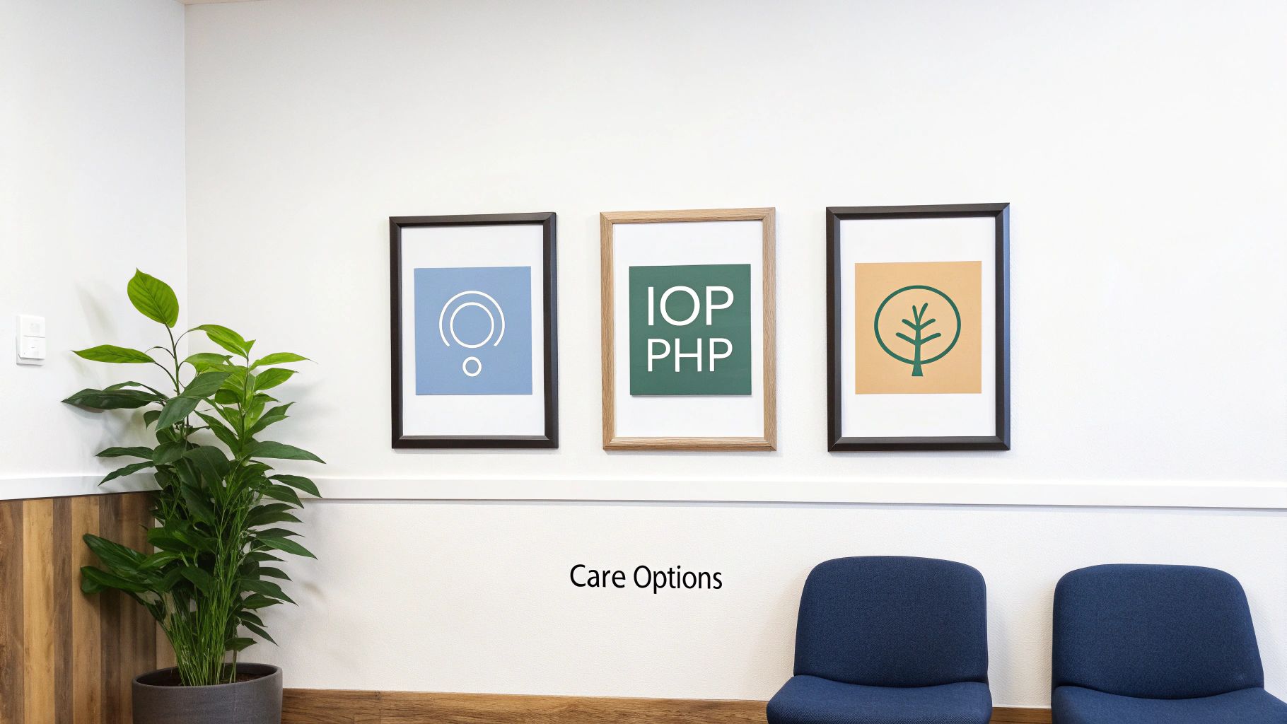 A bright waiting room with three framed posters displaying care options, a plant, and two blue chairs.