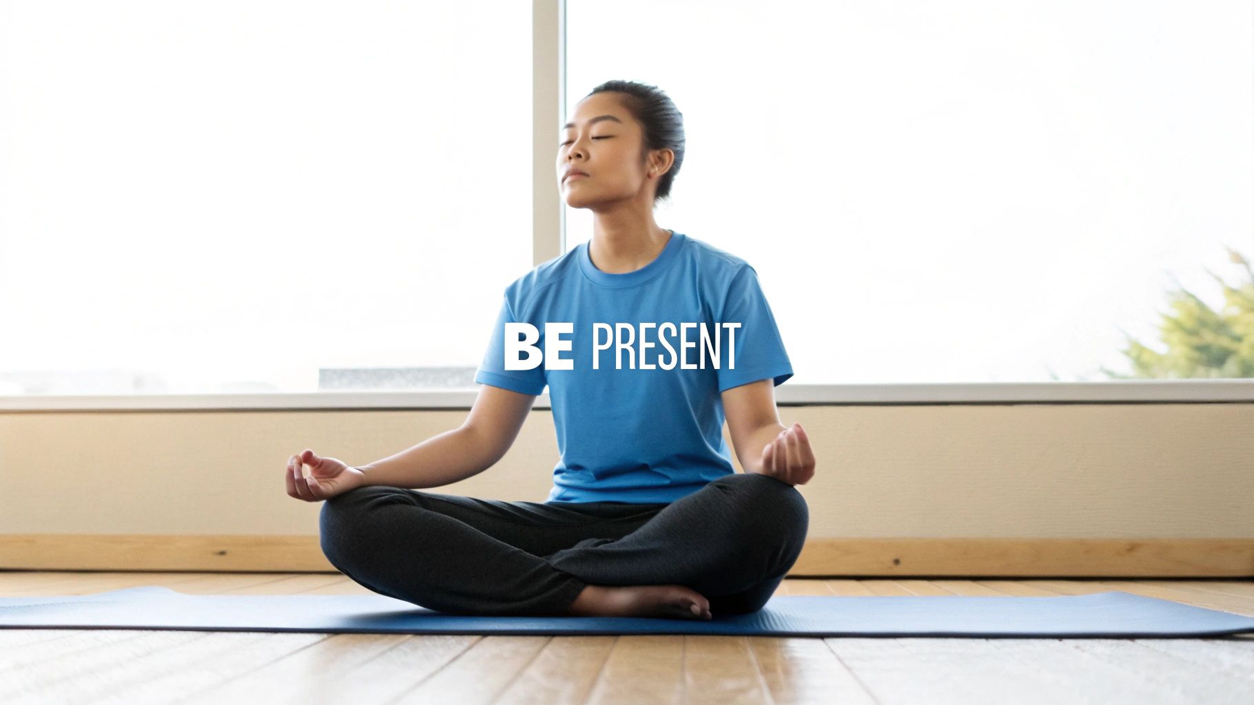 A young woman meditates on a blue yoga mat in a bright room, wearing a "BE PRESENT" t-shirt.
