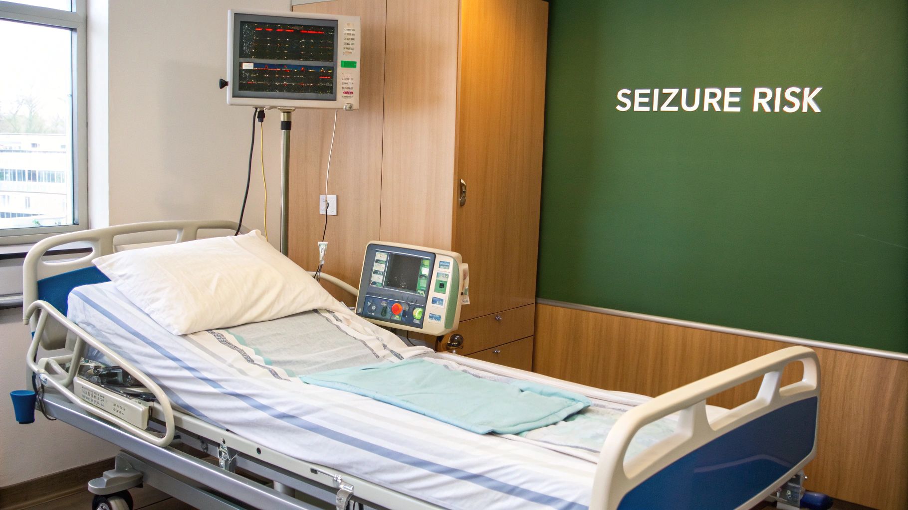 A hospital room with a patient bed, medical equipment, and a green wall sign showing 'SEIZURE RISK'.