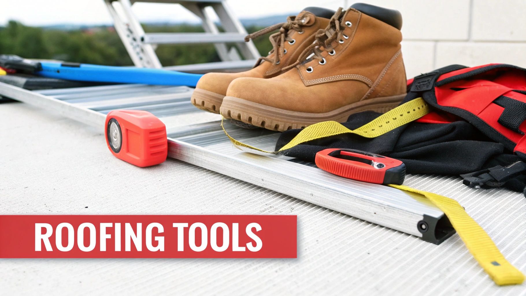 A pair of work boots, a ladder, and various roofing tools like a measuring tape, on a construction site.