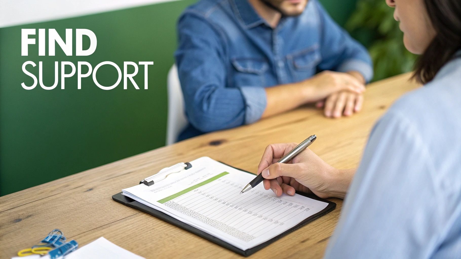 A compassionate therapist listens to a patient in a sunlit room.