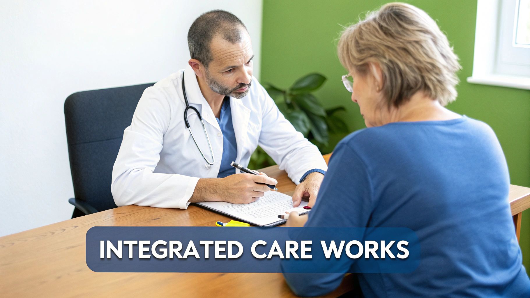 A diverse group of healthcare professionals collaborating,representing an integrated care team.