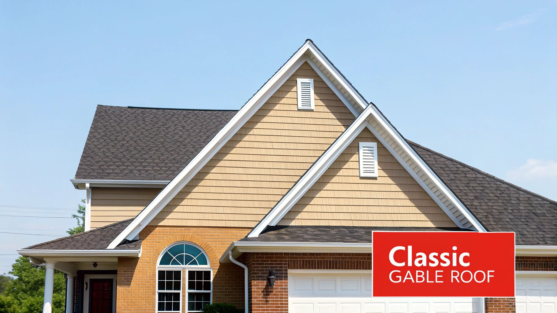 A close-up of a house showing its classic dark shingle gable roof and tan siding with white trim.