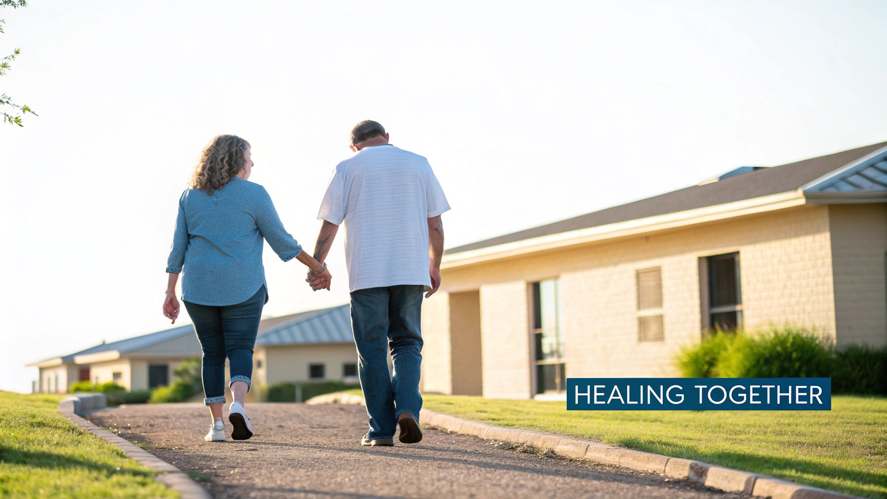 An older couple walks hand-in-hand on a path toward buildings, with 'HEALING TOGETHER' text.