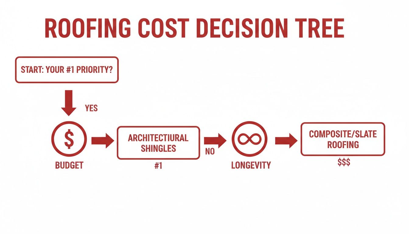 A roofing cost decision tree showing choices between architectural shingles and composite/slate based on budget or longevity.