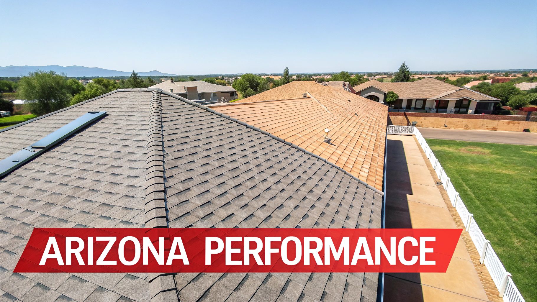 Aerial view of residential roofs with gray architectural shingles and tan composite shingles, featuring an Arizona Performance banner.