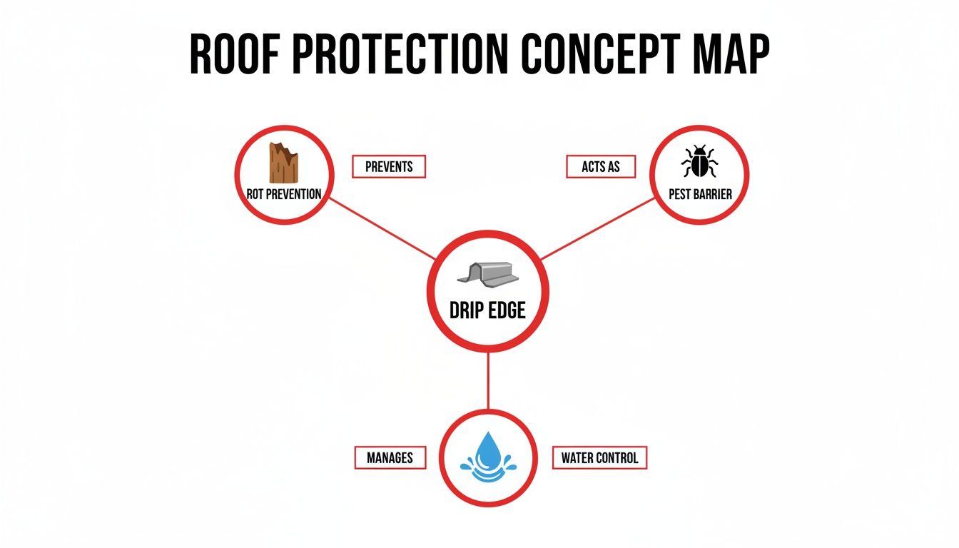 Concept map showing how a roof drip edge provides rot prevention, acts as a pest barrier, and controls water.