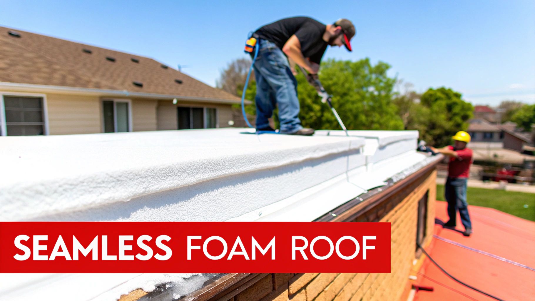 A professional roofer applying a protective top coat to a newly installed polyurethane foam roof.