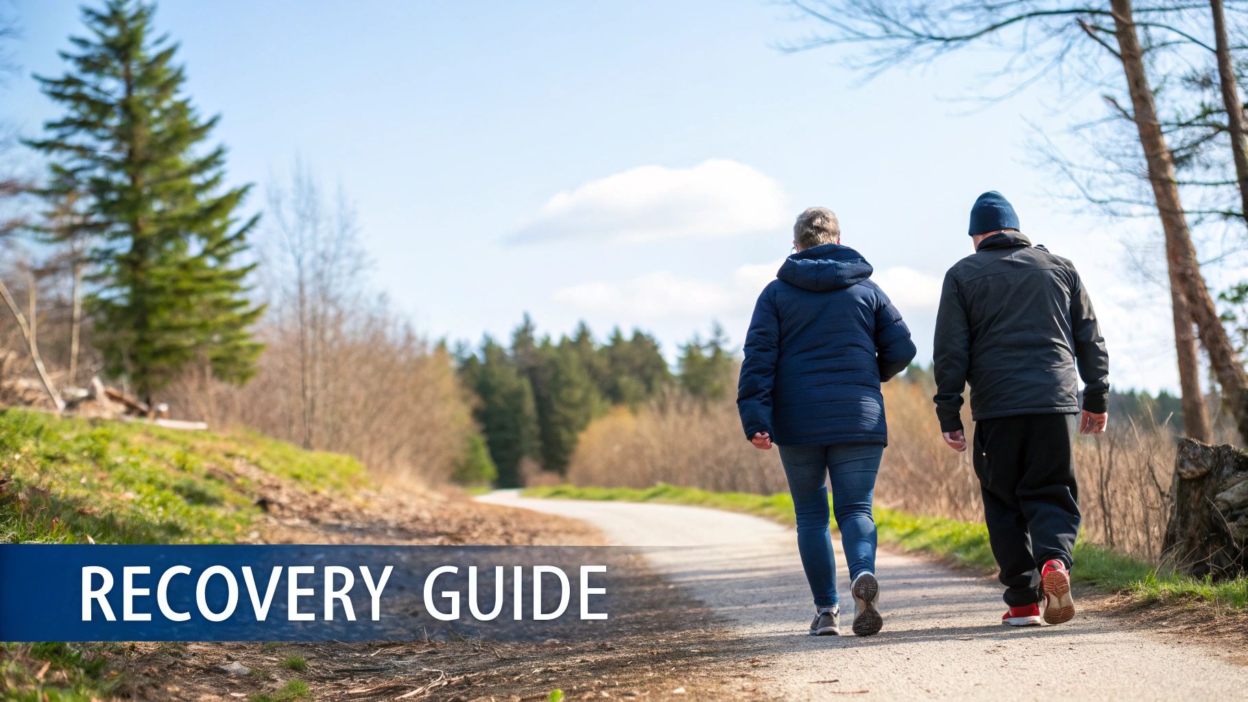 Two people walk away from the viewer on a winding outdoor path with trees under a blue sky.