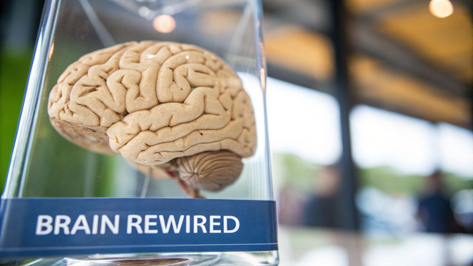 A realistic model of a human brain displayed in a clear case with a 'BRAIN REWIRED' label.