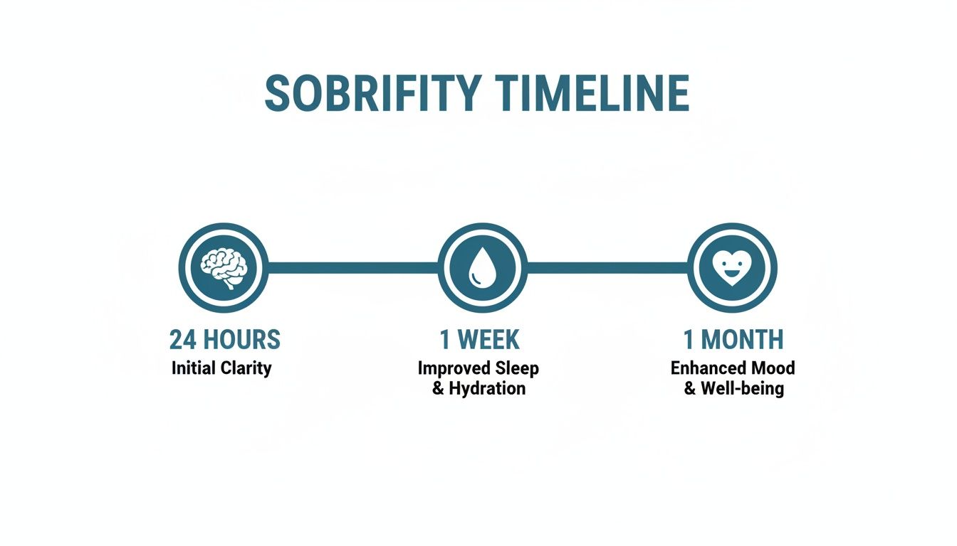 A sobriety timeline showing initial clarity at 24 hours, improved sleep at 1 week, and enhanced mood at 1 month.