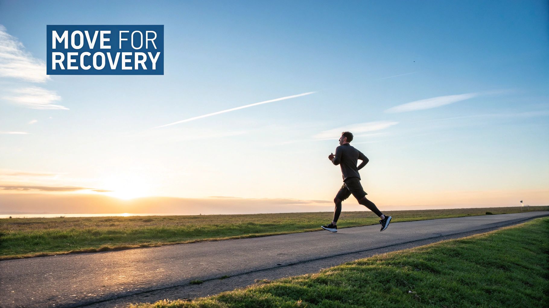 A man running on an outdoor path at sunrise, with text 'MOVE FOR RECOVERY' promoting health.