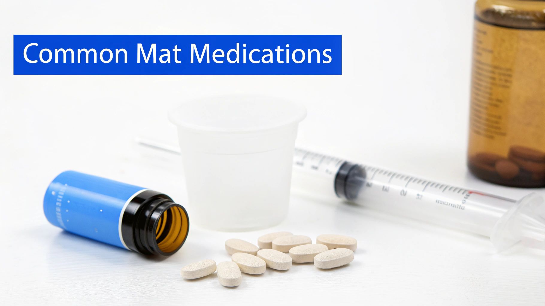 A variety of prescription medication bottles and pills arranged on a surface.