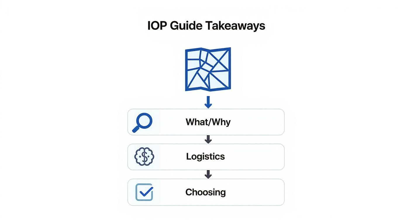 Flowchart outlining Intensive Outpatient Program guide takeaways: What/Why, Logistics, and Choosing.