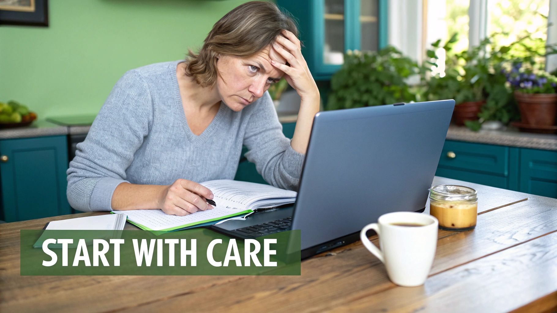 A stressed woman works on a laptop at home, writing in a notebook, with coffee.
