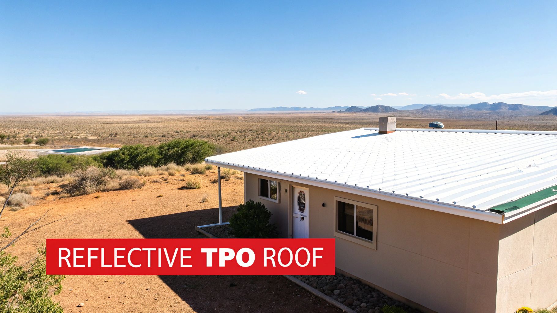A clean, white residential TPO roof on a modern Arizona home, reflecting the bright sun.