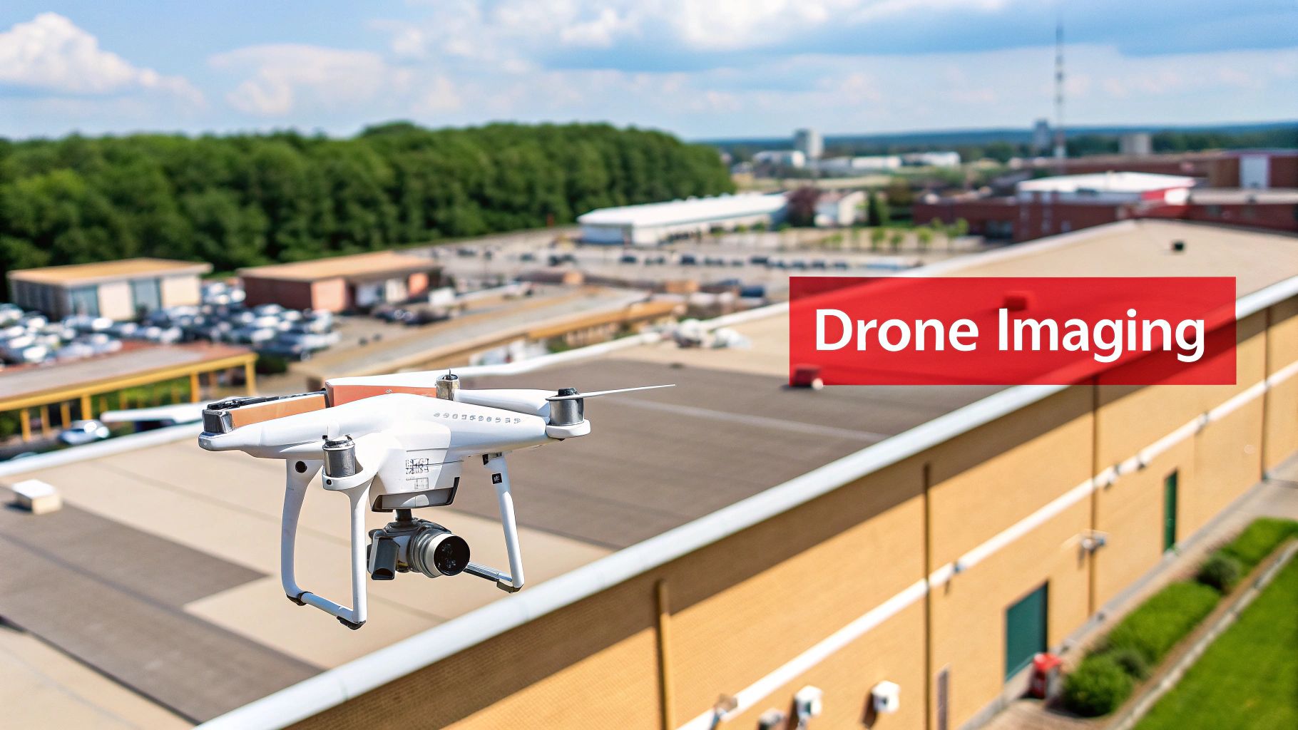 A drone flying over a large commercial building to conduct a roof inspection.