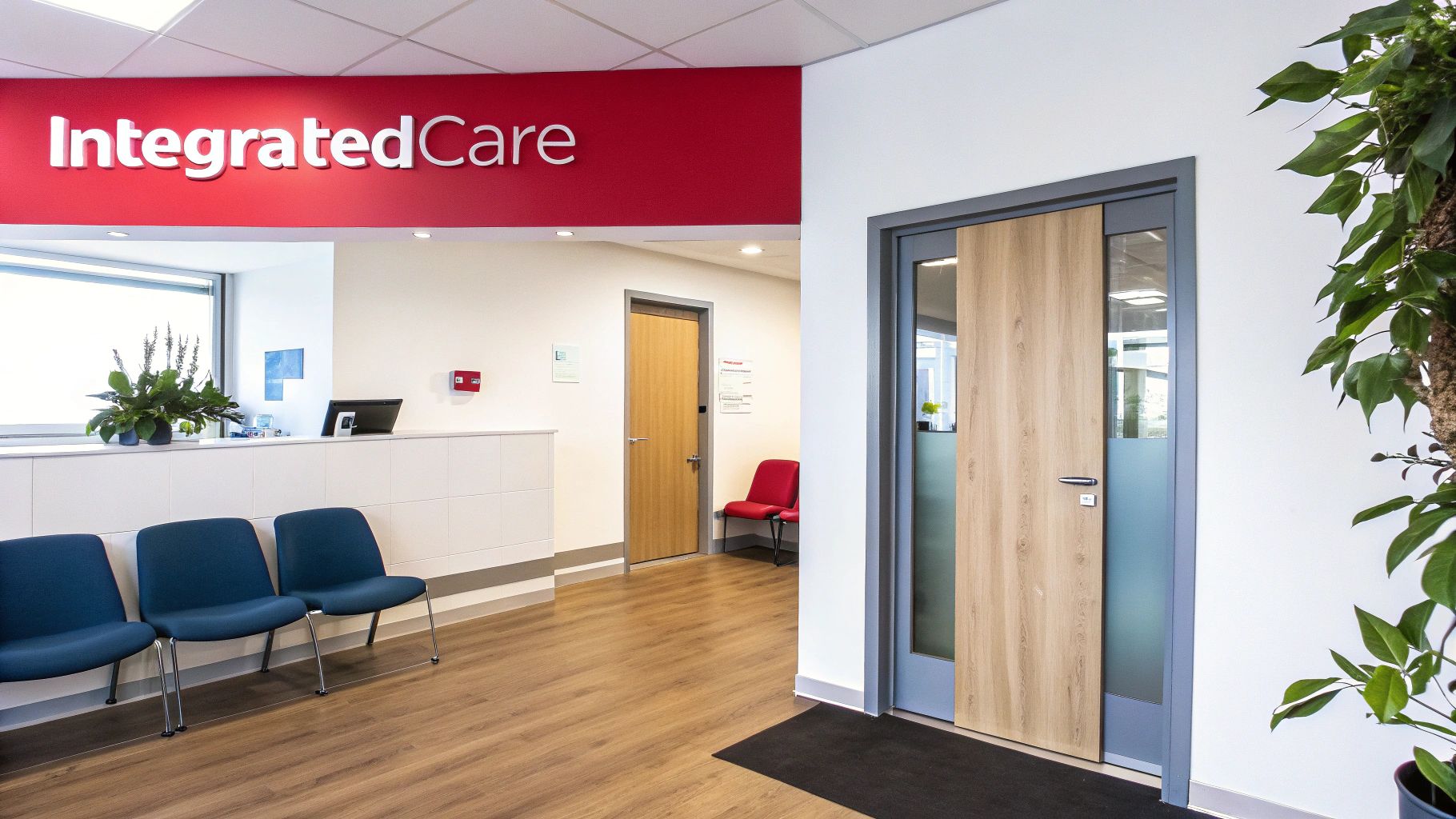 Leading with business model innovation examples: 10 powerful case studies A modern IntegratedCare clinic waiting room features a reception desk, blue chairs, and natural light.